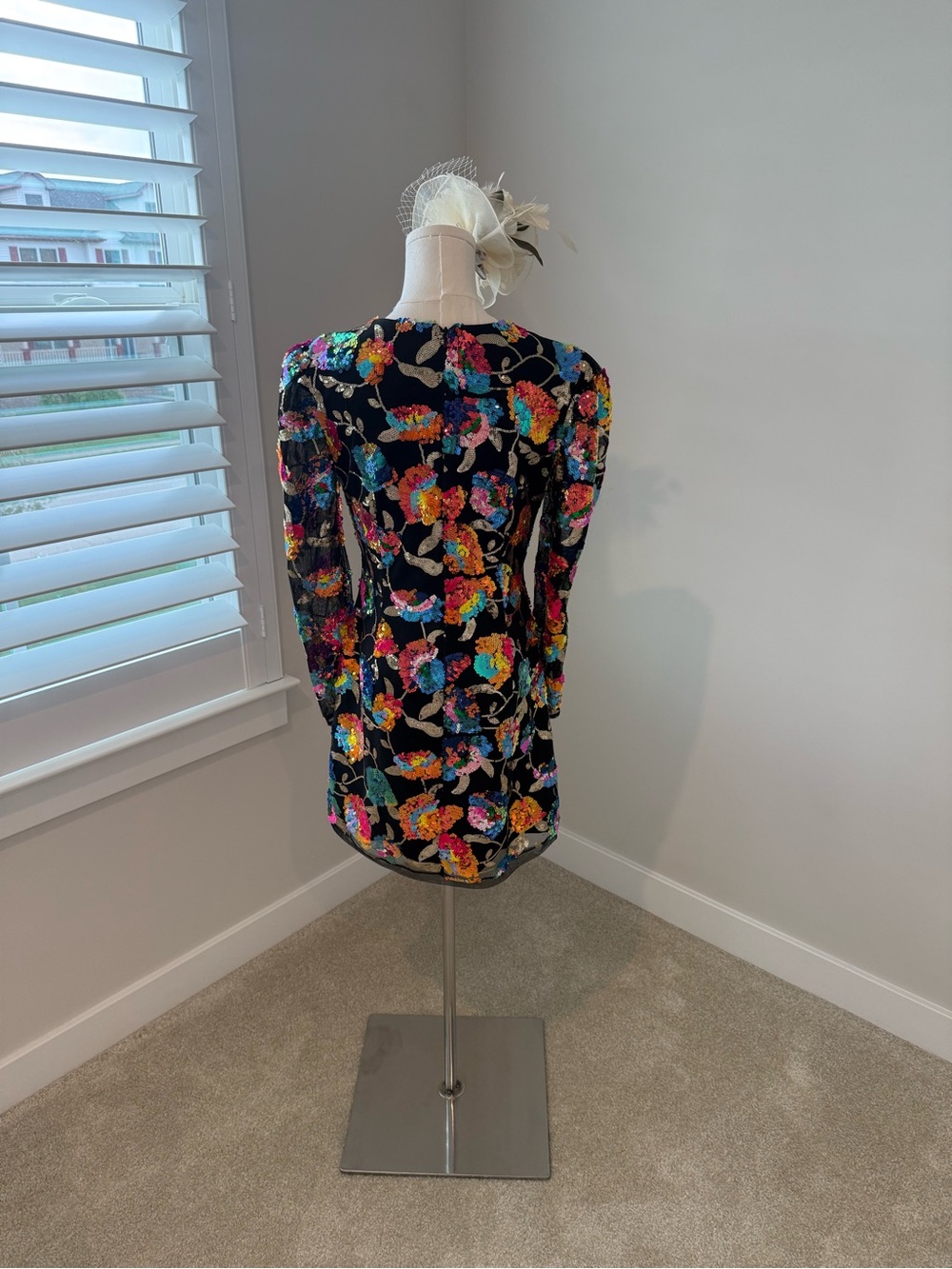 Black Sequin Floral V-Neck Long Sleeve Mini Dress - Picture 6 of 8